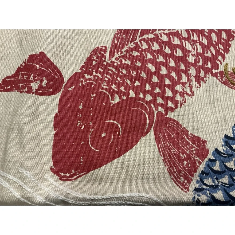 Japanese Style Red & Blue Koi Fish Embroidered Motifs Pillow Cover 26in X 15in